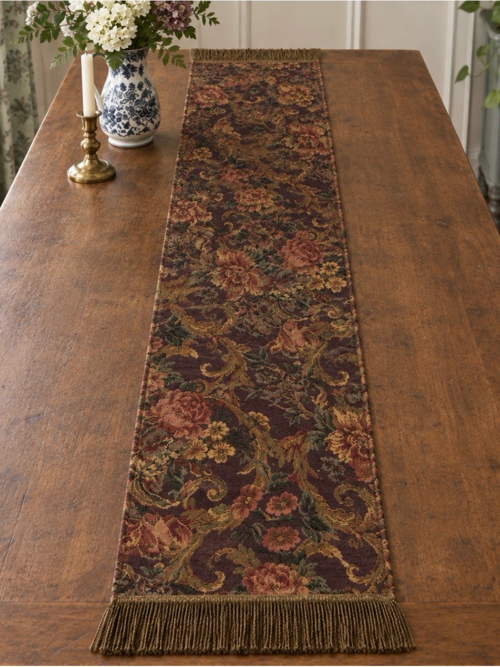 VTG Tapestry Table Runner Floral Brocade Jacquard Brown Burgundy Cottage 64x12